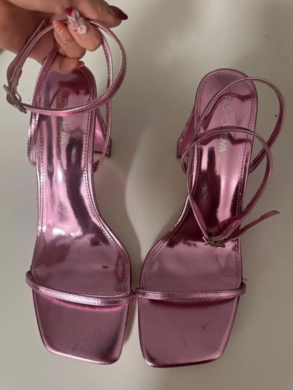 Fashion Nova Metallic Rose Pink Strappy Block Heel